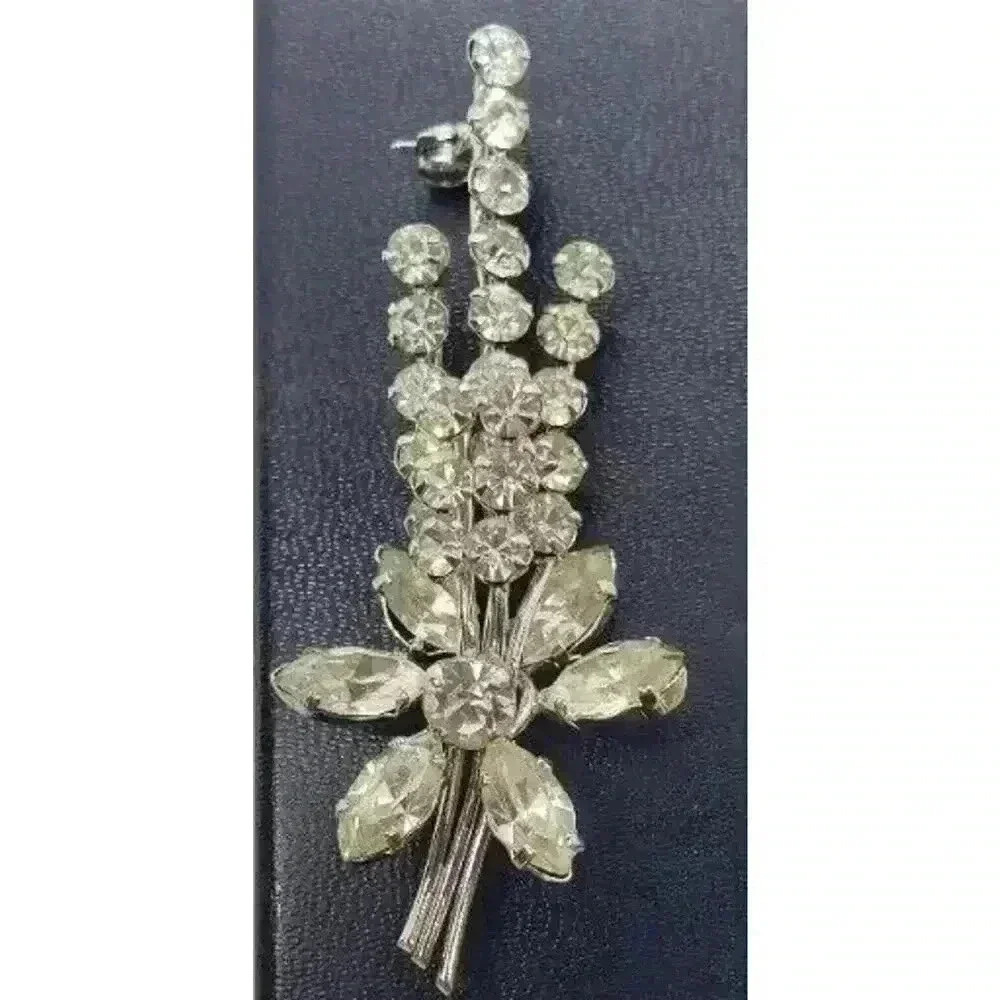 Vintage Clear Rhinestone Brooch Austria Long Stem Flower Spray Tall Layers